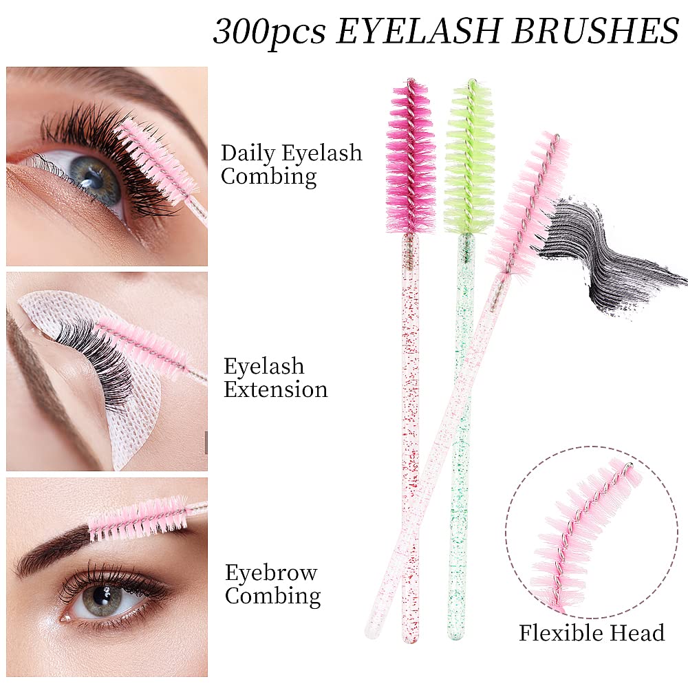 300PCS Disposable Mascara Wands Spoolie Brush Crystal Eyebrow Brushes Eyelash Extension Applicator Makeup Kits.myaokue-up (6 color-Crystal-300)