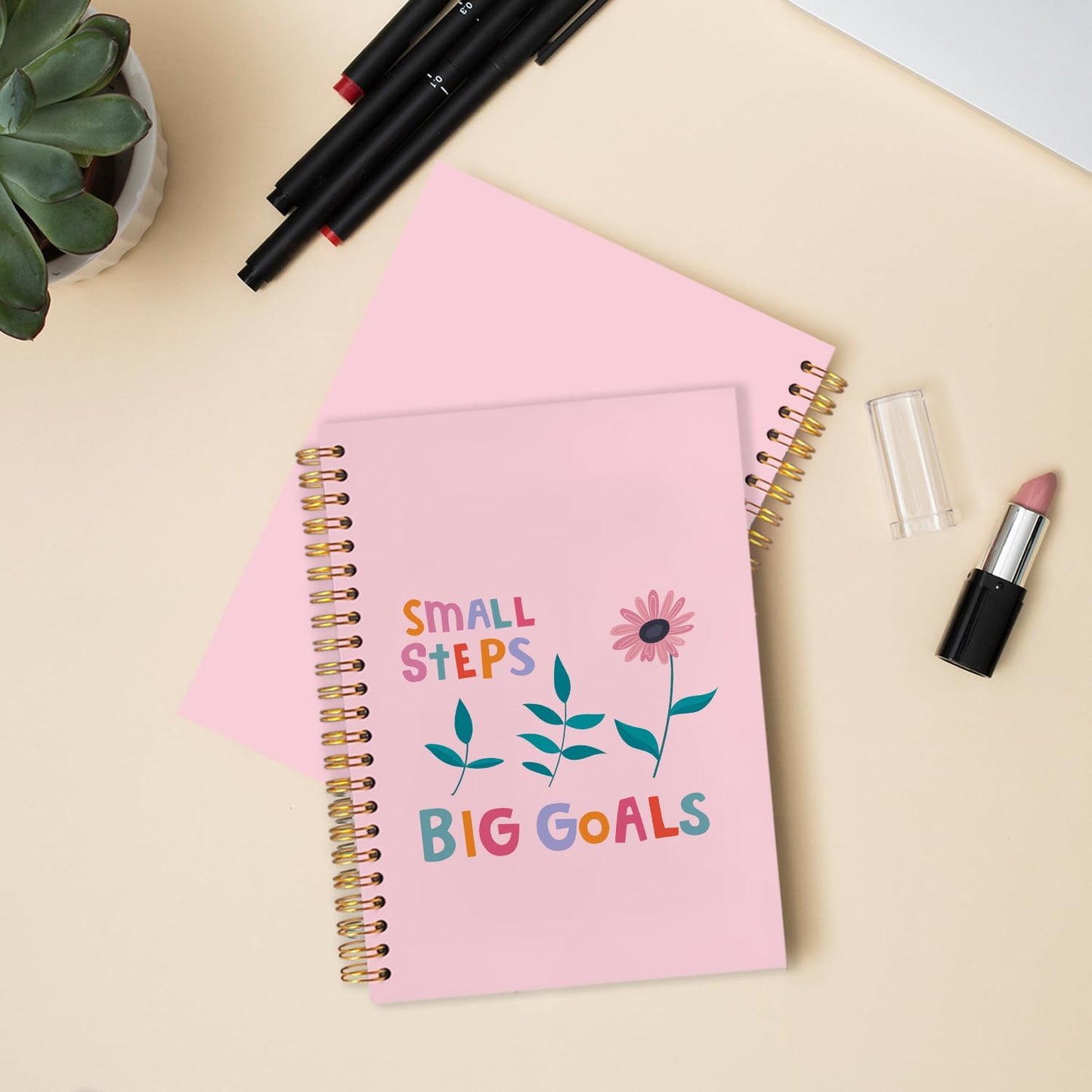 Pink Floral Inspirational Spiral Journal Notebook 5.5x8.3in, Small Steps Big Goals Mental Health Journal for Women, Motivational Notebooks for Note Taking, Pink Flower Hardcover Notebook