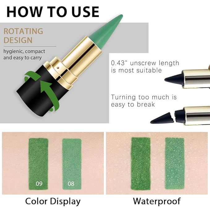 Kaely 2Pcs Light Dark Green Gel Eyeliner Pencils Set,Waterproof Color Colored Eye Liner Crayon,Cat Eye Stencil Gothic Halloween Makeup,Face Paint Eye Black Stick,delineadores de colores para ojos