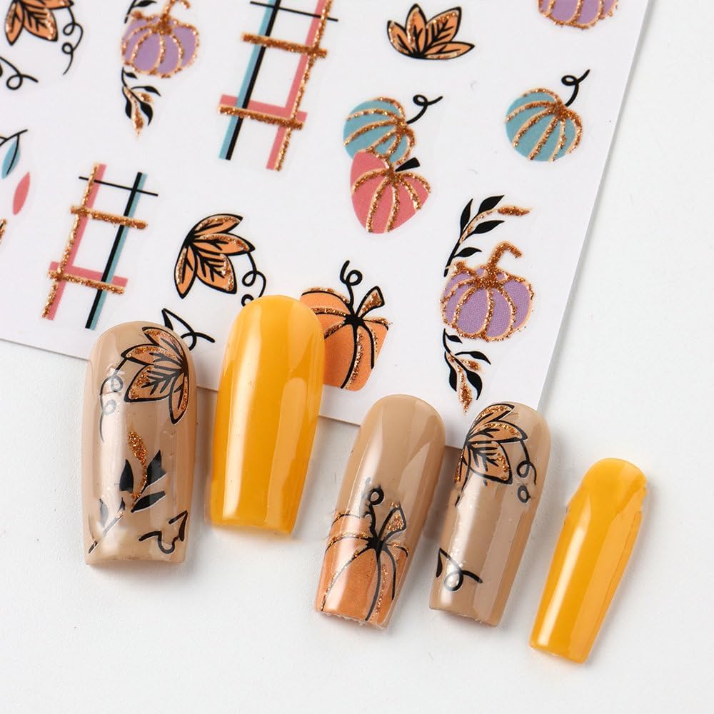 Fall Nails Stickers Autumn Leaves Nails Sticker 3D Embossed Maple Leaves Self Adhesive Sticker Nail Decals Glitter Pumpkin Thanksgiving Nail Art Decal Fall Decals for Nail DIY Manicure 4Sheet