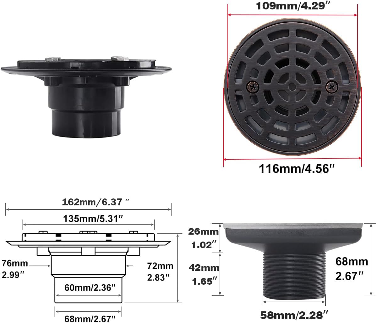 RANDOM Round Shower Drain SUS304 Stainless Steel Oil Rubbed Bronze Shower Drain 4 inch with Adjustable PVC Base Flange,Shower Floor Drain with Removable Cover Grid Grate