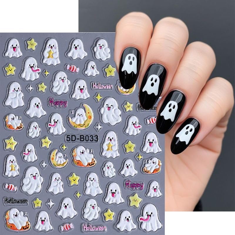 Halloween Nails Stickers White Cute Ghost Nails Sticker 5D Embossed Orange Pumpkins Self Adhesive Sticker Nail Decals Black Cat Nail Art Decal Halloween Decals for Nail DIY Manicure 2Sheet
