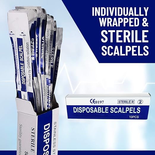 Disposable Scalpels| #10 Sharp Carbon-Steel Blades | Sterile Individual Pouches| for Dermaplaining, Podiatry, Crafts & More