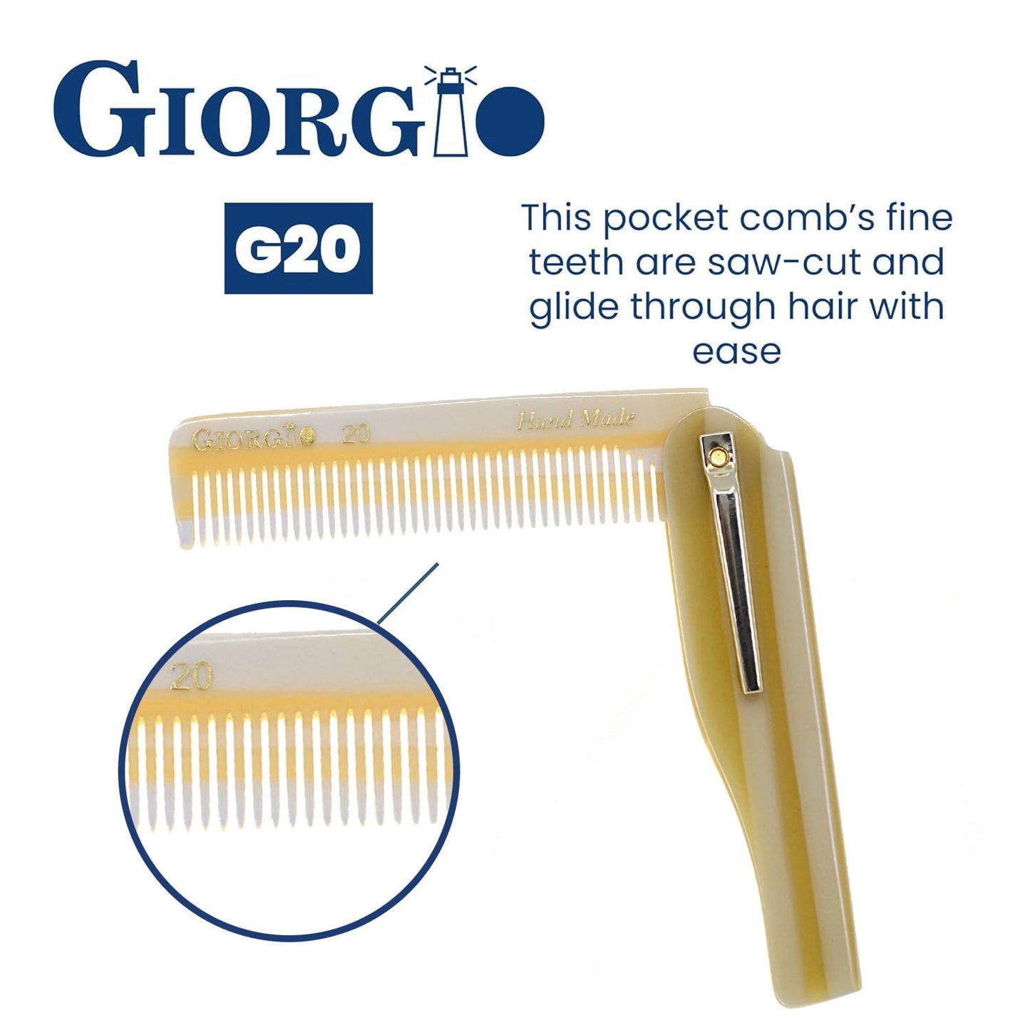 Giorgio G20 Fine Tooth Folding Mustache and Beard Comb - Small Pocket Comb for Everyday Hair Care and Styling - Sawcut and Hand Polished (Ivory)