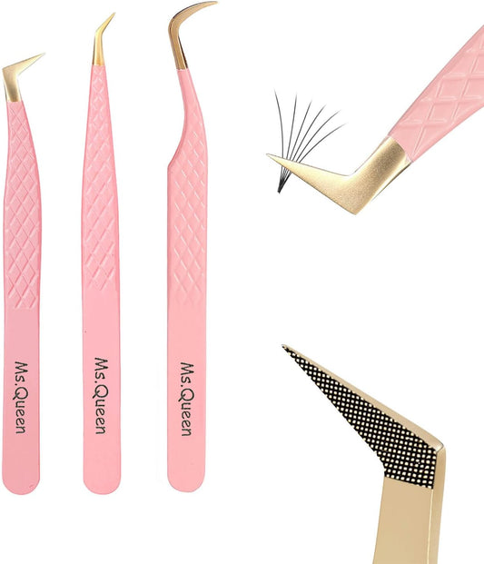 Ms.Queen Eyelash Tweezers for Extensions,Professional 3Pcs Fiber Tip L-Shaped Boot Volume Curved Lash Tweezers Set