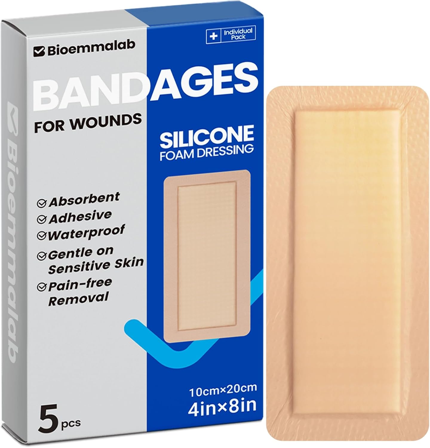 Large Waterproof Bandages 4x8 Silicone Foam Dressing for Sensitive Skin Wound Care, Adhesive Cohesive Pad with Border for First Aid, Post Surgical and Burn, Pressure, Scar Healing (5 PCS)