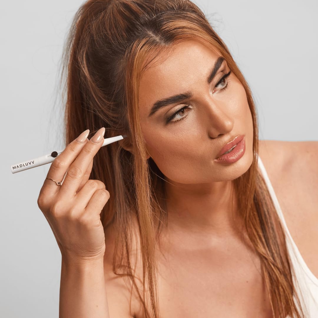 MADLUVV Exacto Brow Pencil for Flawless, Long Lasting, Realistic Brows with Dual-Ended Design Featuring Retractable Blade Tip for Precise Hair Like Detail and Blending Brush - Medium Brown