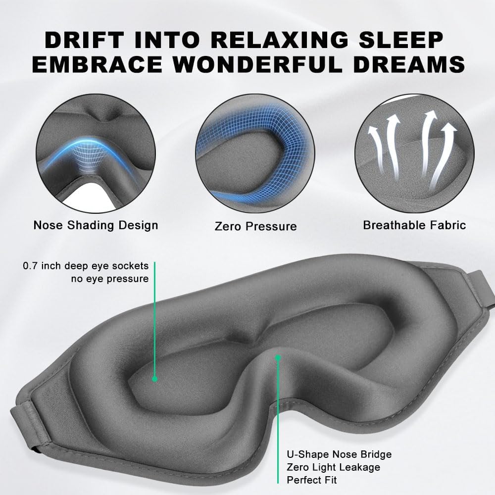 3D Contoured Sleep Eye mask Side Sleeper Men Women Zero Eye Pressure high Density Memory Foam Soft Breathable Light Blocking Night Blindfold Travel Yoga Napping Gray