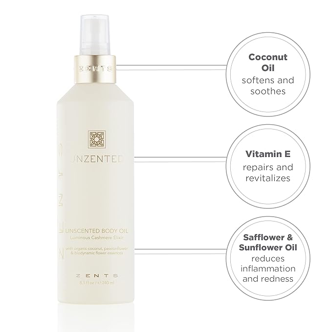 Zents Luminous Cashmere Body Oil (Fragrance-Free) | Moisturizing Body Oil with Vitamin E & Organic Coconut Oil | Softens & Smooths Skin | 8 fl oz