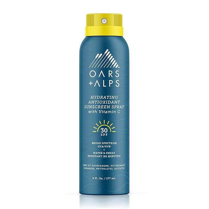 Oars + Alps Sunscreen Spray for Face & Body, SPF 30 Spray Sunscreen Infused with Vitamin C & Antioxidants, No White Residue, Water & Sweat Resistant, All Skin Types, Lightweight, Hydrating, 6oz, 1pk