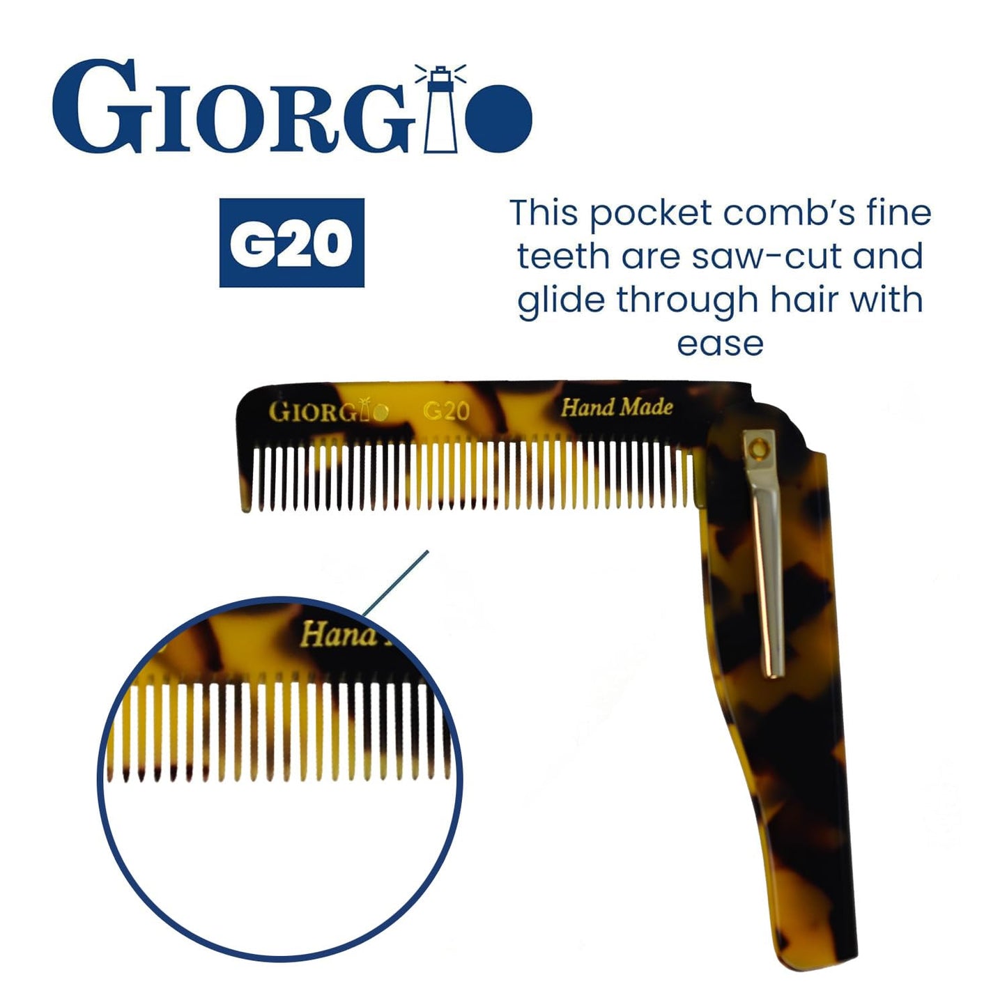 Giorgio G20 Folding Mustache and Beard Comb - 6.5 Inches Small Fine Tooth Styling and Travel Comb, Sawcut and Hand Polished, Handcrafted for Everyday Hair Care