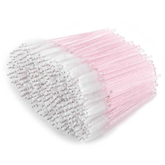 Tbestmax 300 Pcs Disposable Spoolies, Mascara Wand Eyelashes Brushes Applicator for Eyebrow Eye Lash Extension Pink Stick White Head