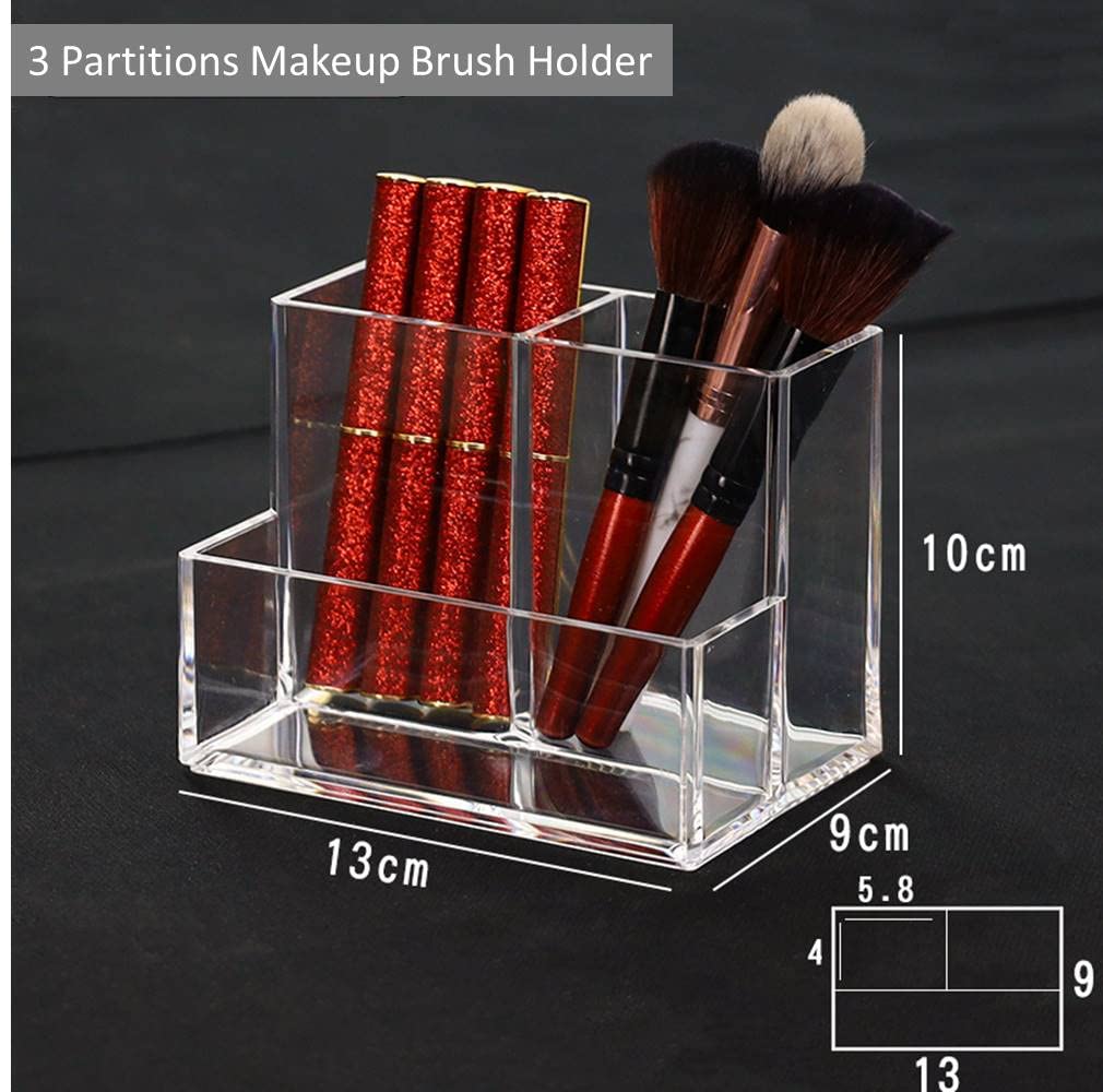 Acrylic Makeup Organizer Cosmetic Storage Makeup Display Case Makeup Brush Holder Lipstick Dispenser Canister Bathroom Container (5.1 x 3.5 x 3.9 in, 3 Partitions, Transparent)