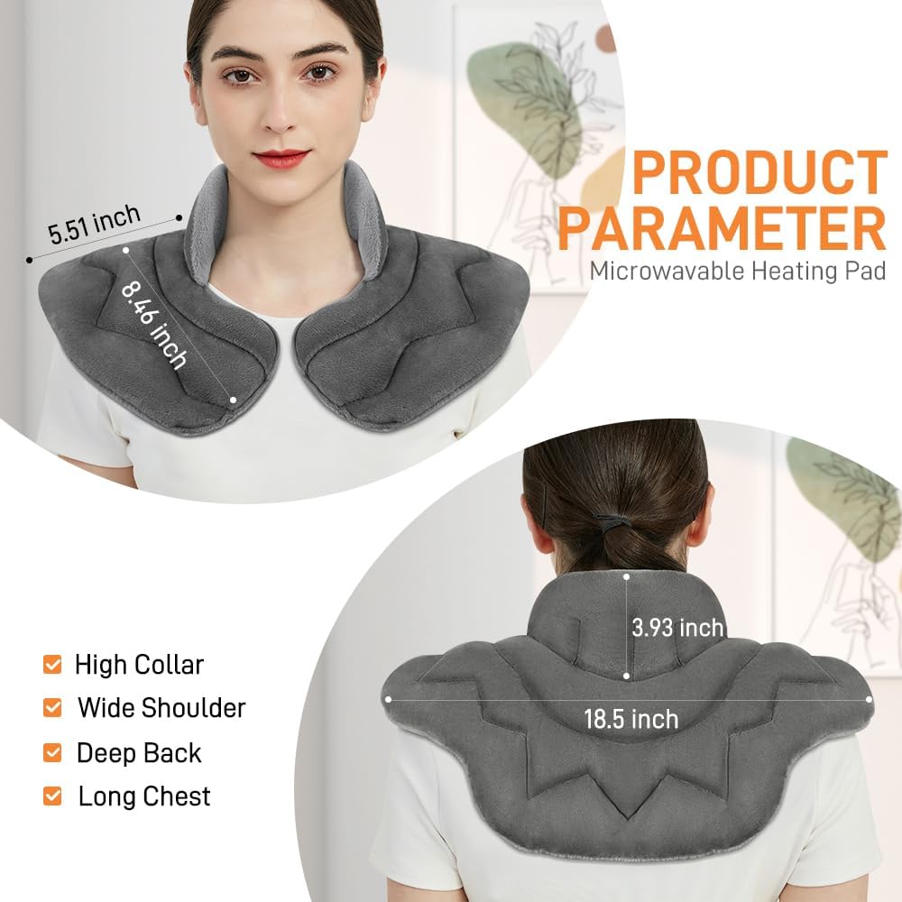 Microwavable Heating Pad for Neck and Shoulders, Weighted Microwave Moist Heated Wrap for Pain Relief Muscle Stress Tension, Heat Neck Wrap with Aromatherapy, Hot & Cold Compress, Grey