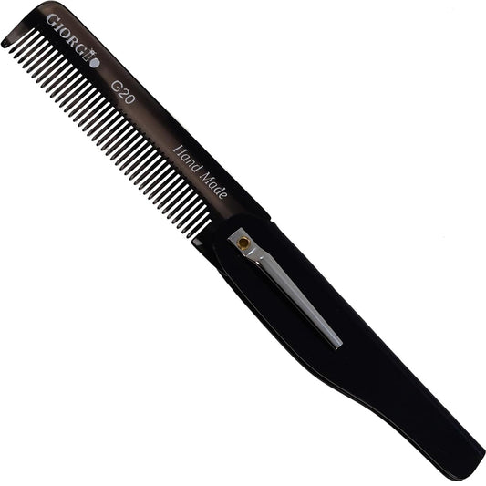 Giorgio G20 Fine Tooth Folding Mustache and Beard Comb 6.5 Inches - Small Pocket Comb for Everyday Hair Care and Styling - Sawcut and Hand Polished (Black Graphite)