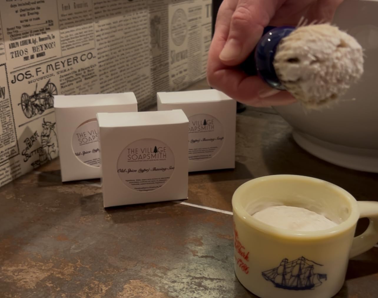 Old Spice Shaving Soap, thick lather, wonderful scent. Just like dad and grandpa used.