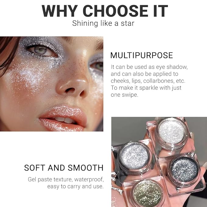 Single Glitter Eyeshadow, Shimmer Eyeshadow Palette, Korean Eye Glitter Makeup, Ultra-Blendable, Sparkle Silver Eye Shadow, Single Shade Metallic Pigmented, (Silver)