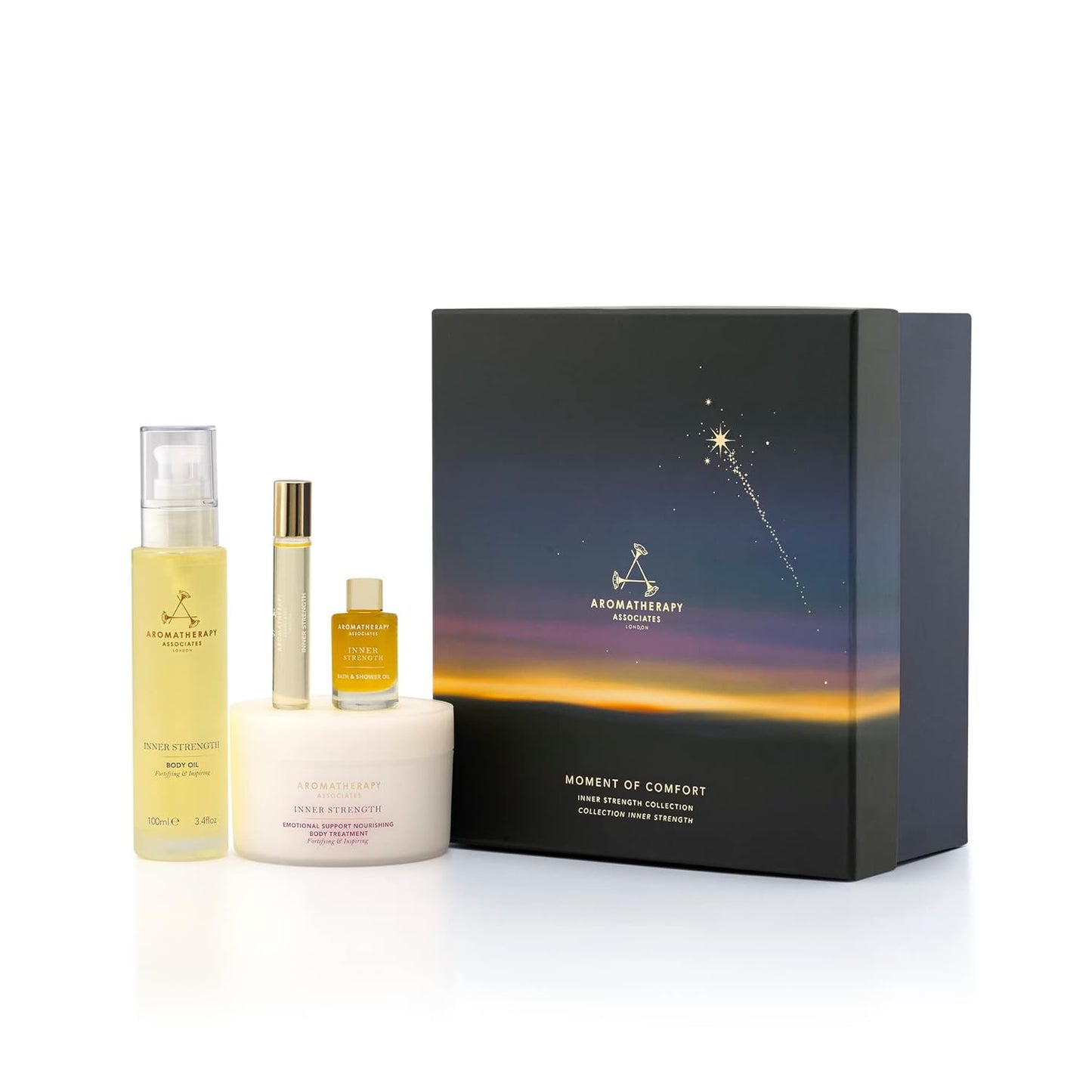 Aromatherapy Associates Moment of Comfort. Luxurious Gift Set Includes Inner Strength Bath and Shower Oil, Roller Ball, Body Oil, and Body Treatment (1 count)