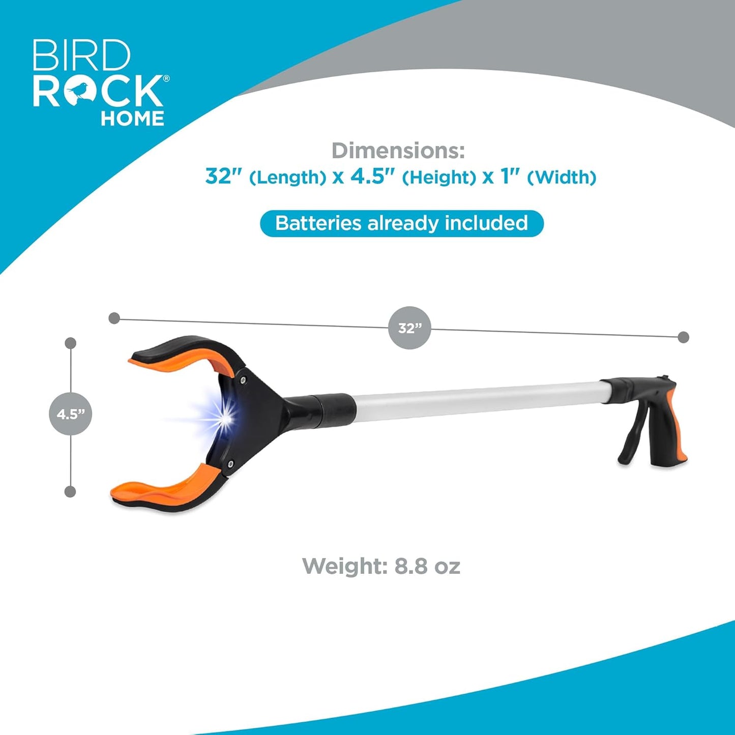 BirdRock Home Grabber Pick Up Tool with LED Light | 32 inch | Light Weight Aluminum Design | Reaching Aid | Articulating Rubber Head | Rubber Grip