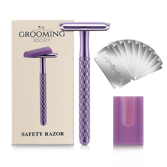 Double Edge Safety Razor for Women Purple with 10 Blades and Silicone Cover - Durable Metal Eco-Friendly Single Blade Razor - Closed Smooth Shave