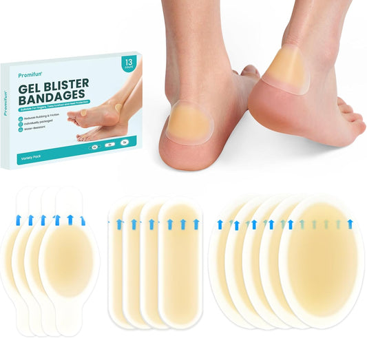 Hydrocolloid Gel Blister Bandages Pads - Promifun Waterproof Adhesive Blisters Bandages - Blister Pads for Heel, Foot, Toe, Feet - Gel Blister Chshions for Prevention & Recovery (13ct, Variety Pack)