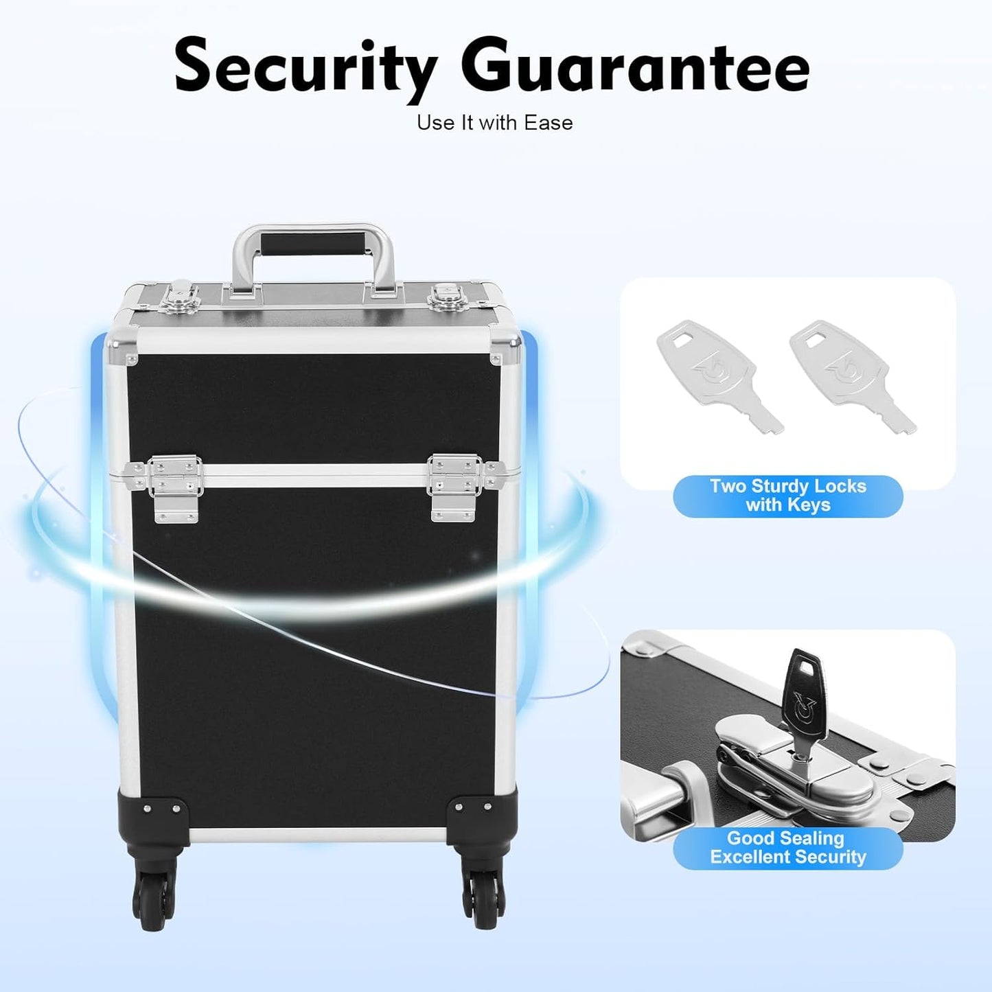 13.23lbs Lockable Makeup Train Case,Rolling Hairdressing Trolley,Beauty Salon Cosmetic Luggage with Universal Wheels for Hair Stylist,Make-up Artists (Black 7)