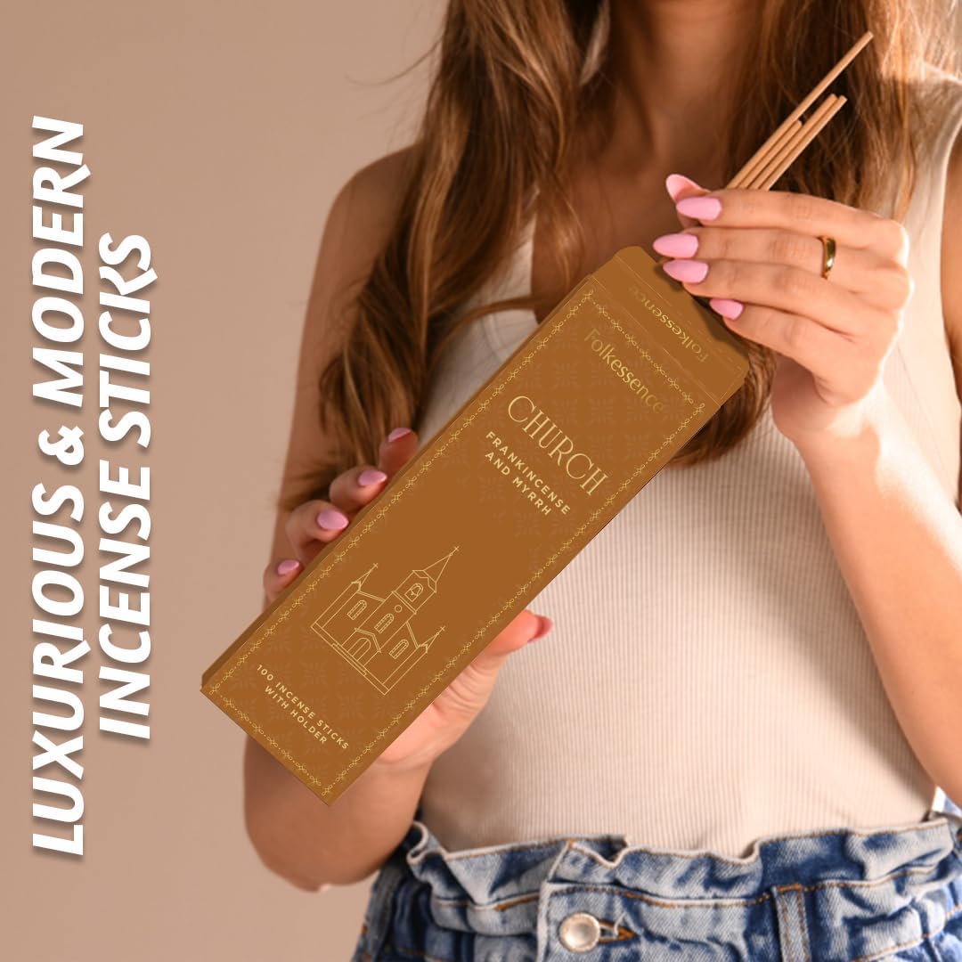 Folkulture Church Incense Sticks | Set of 100 Insence-Sticks with Holder for Relaxation | Frankincense & Myrrh Incense | Organic, Slow Burning & Non Toxic Inscents for Worship