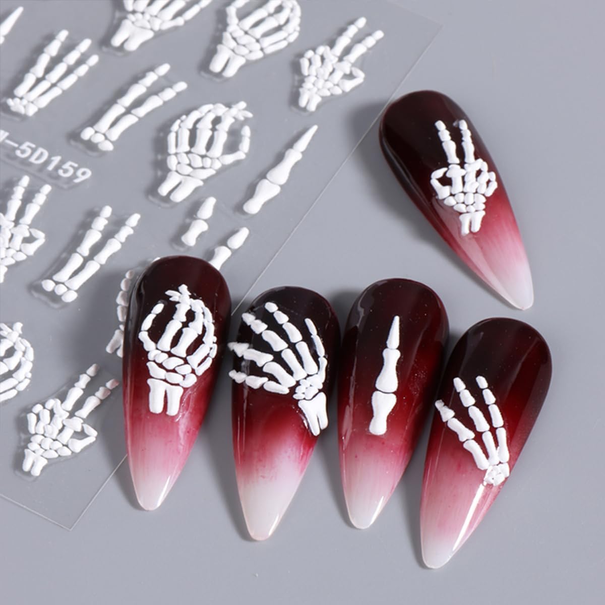 5D Embossed Halloween Nail Stickers for Nail Art Kit 3 Sheets Halloween Skull & Skeleton Nail Art Stickers Decals Gothic Nails Design Rose Gold Hand Bone Nail Supplies for Women Holiday Nails Decor