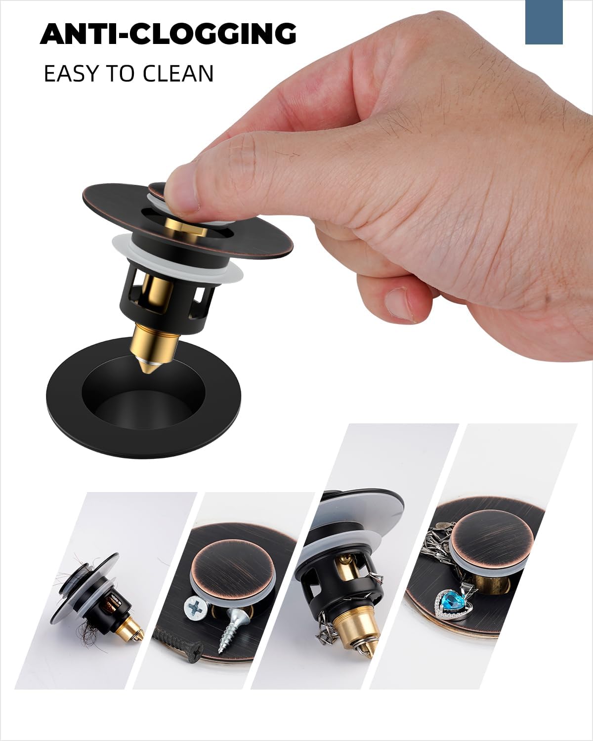 Hibbent 2 Pack All Metal Universal Bathroom Sink Stopper for 1.1''~2.3'' Basin, Pop Up Sink Drain Strainer, Brass Core Push Type Stopper, Stainless Steel Anti Clogging Drain Filter, Oil-Rubbed Bronze