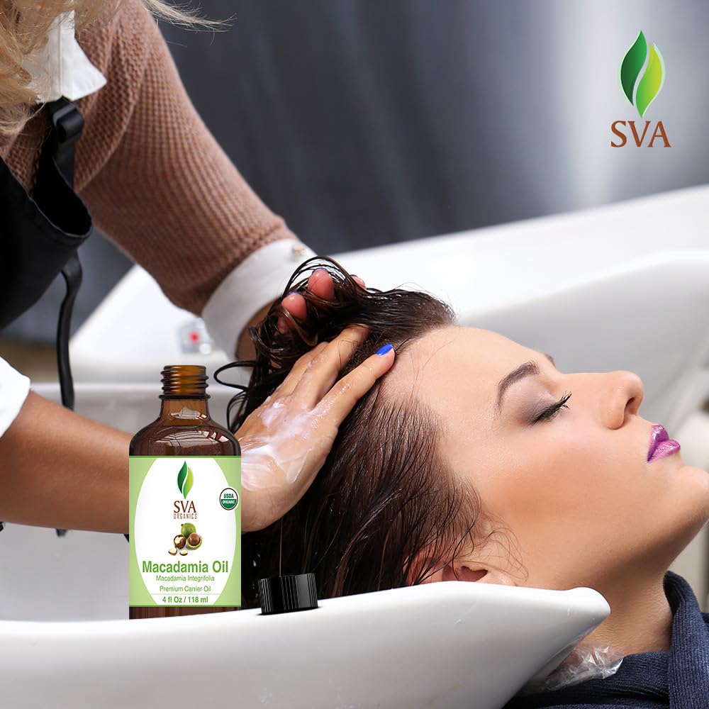 SVA Macadamia Seed Oil Organic - 4 Fl Oz – 100% Natural Cold Pressed Organic Macadamia Oil - for Face, Skin Care, Hair Care, Scalp Massage & Body Massage – Carrier Oil with Dropper