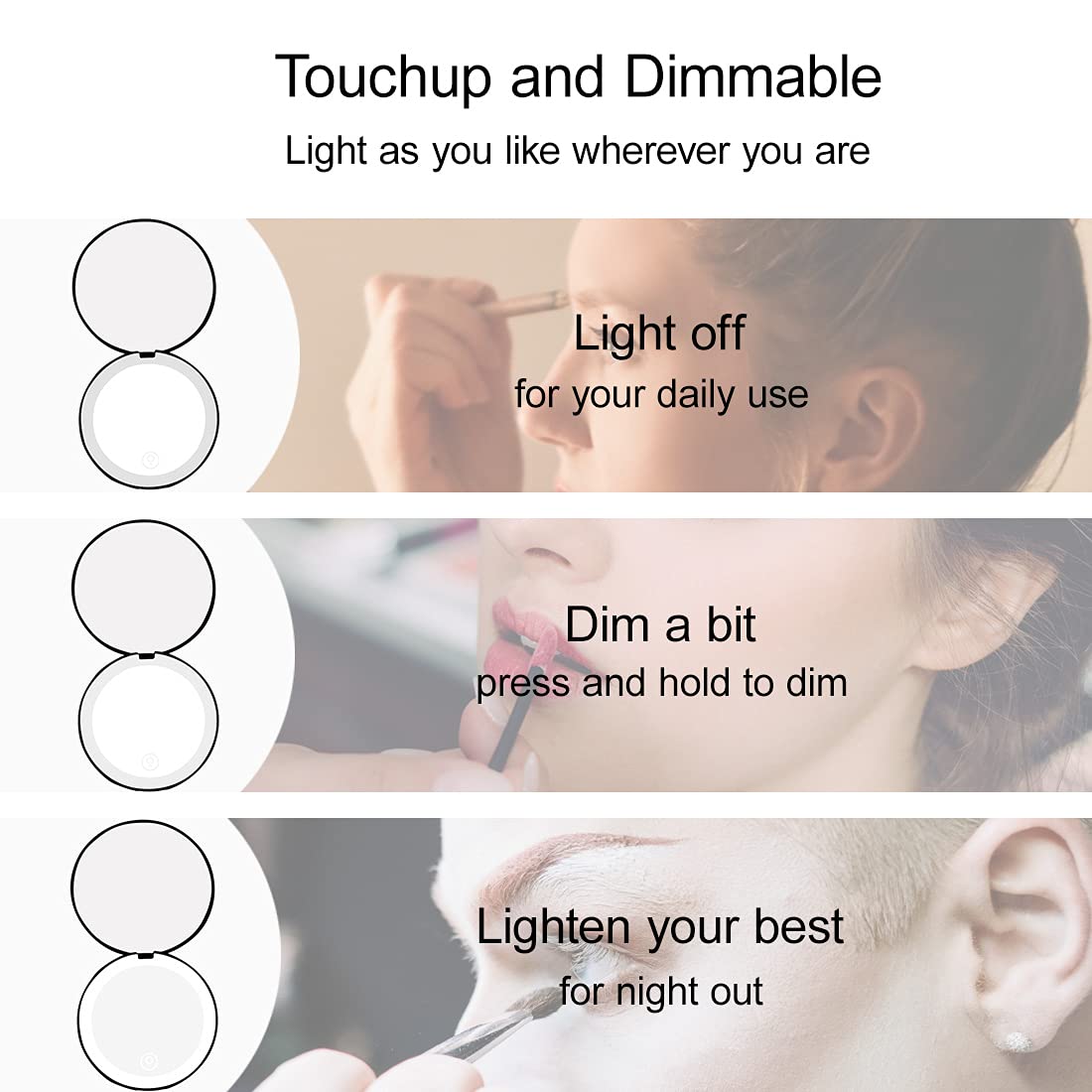 Compact Mirror with LED Light,1x/10x Magnifying Rechargeable Mirror,3.5in, Dimmable Travel Mirror for Purse,Pocket,Handheld 2-Sided Makeup Mirror