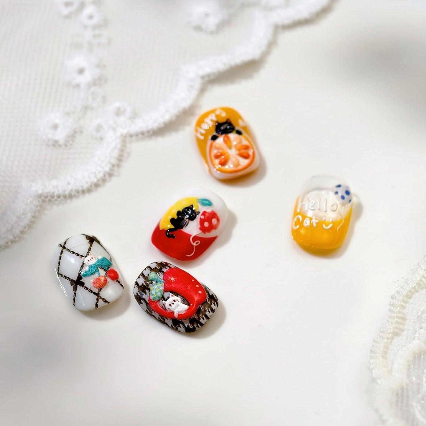 Apple Nail Art Stickers Cat Nail Decals for Nails Art Cute Nail Stickers Red Orange 5D Embossed Self Adhesive Fruit Nails Charms for Women Girls Kid Manicure DIY Decoration Accessories