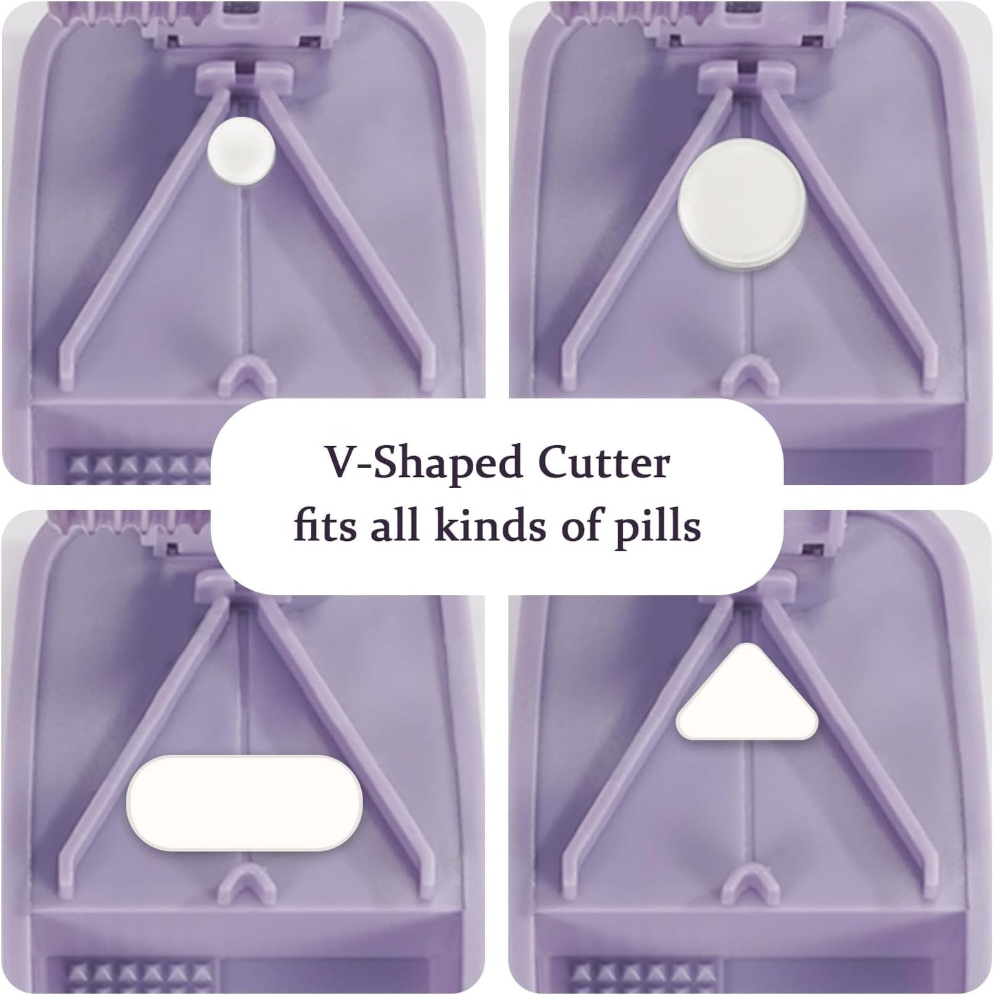 Pill Cutter Splitter for Small and Tiny Pills, or Large Pills. V-Shaped Design for Multiple Sizes. Safety Blade Guard. Loss-Proof Built-in Small Brush & Sliding Door Pill Storage (Purple)