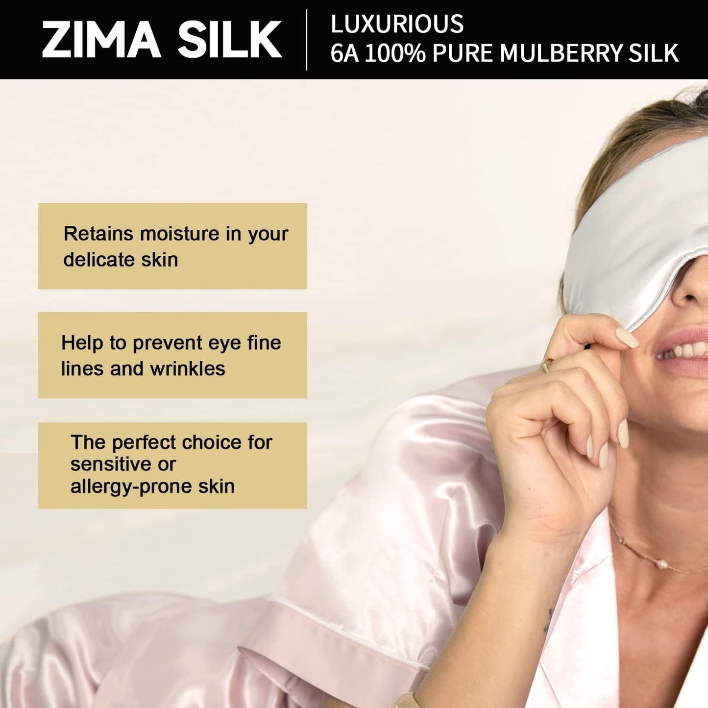 ZIMASILK Adjustable 22 Momme 100% Pure Mulberry Silk Sleep Mask, 3D Contoured Cup Eye Mask for Sleeping, Super Soft Breathable Blindfold, Perfect Blocks Light for Sleeping. (Beige)