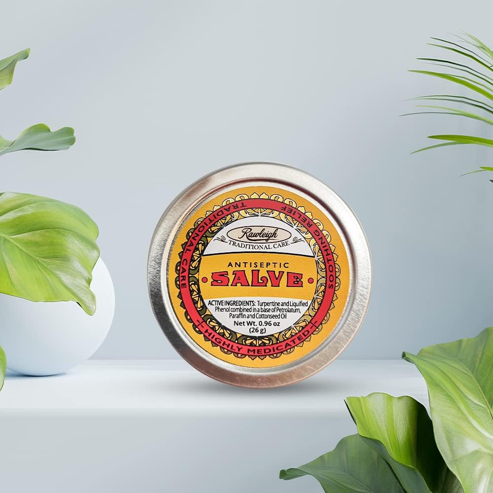 Rawleigh Antiseptic Yellow Salve Small Tin: 0.96 oz, Natural, Multi-Purpose Ointment Soothes Skin Cuts, Bruises, Irritations, with Turpentine, Phenol, Cottonseed Oil, Original Formula - Pack of 6