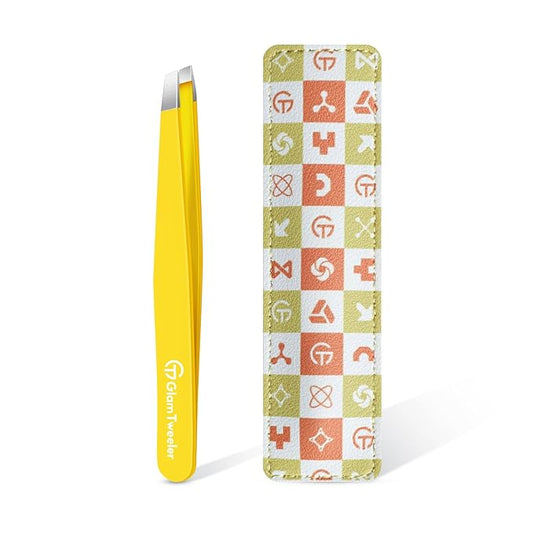 Expert Eyebrow Hair Removal Tweezer with Leather Case, GlamTweeler High Precision Slant Tip Stainless Steel Tweezers for Men and Women (Chartreuse Yellow)