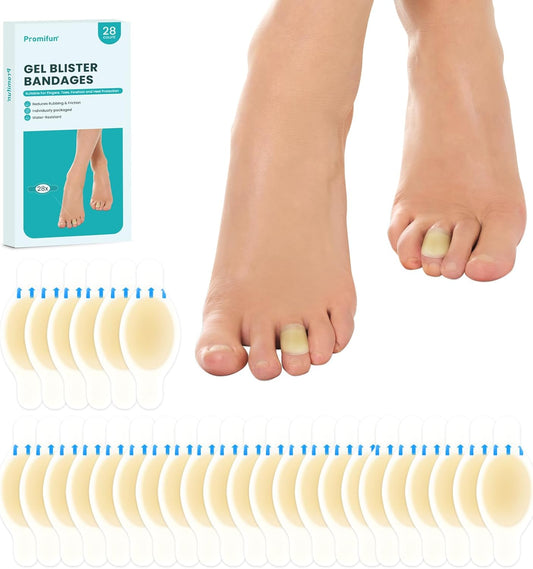 Blister Pads - 28 ct Water Resistant Hydrocolloid Bandages for Foot, Toe, Heel - Gel Cushions for Prevention & Recovery, Toe Pack