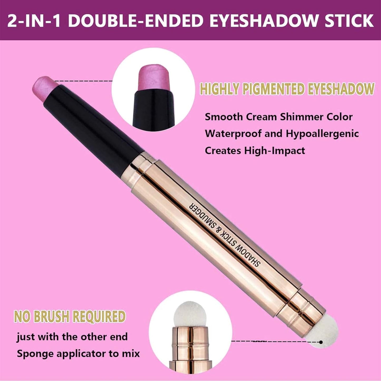 2 in 1 Eyeshadow Stick - Cream Smooth Shimmer Hot Pink Eyeshadow Pencil, Hypoallergenic Waterproof Long Lasting Multi-Dimensional Eye Shadow Highlighter Stick Makeup Eyeliner Pen (Shimmer #13)