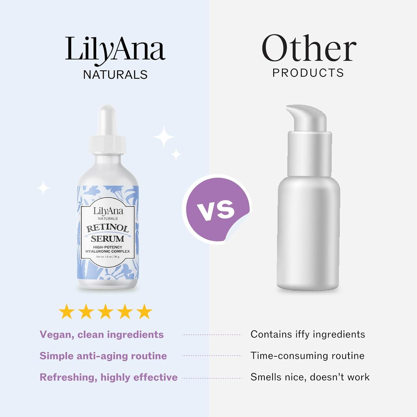 LilyAna Naturals Retinol Serum - Made in USA, Anti Aging Face Serum with Hyaluronic Acid and Vitamin E, Reduces Age Spots and Sun Damage, Promotes Collagen and Elastin (Retinol, 1oz)