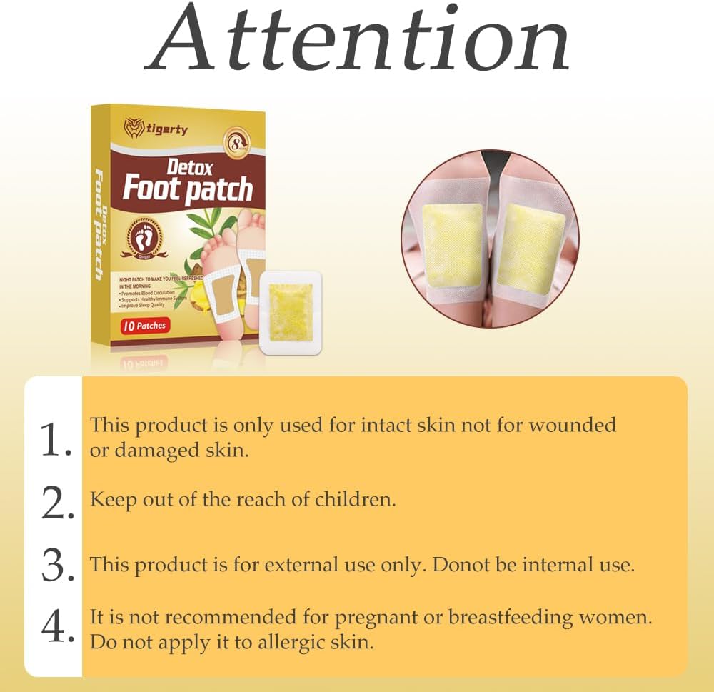 tigerty Foot Patches (10 Pieces), deep Cleansing Foot Patch, Natural Bamboo Vinegar Ginger Powder Foot Care sitckers, Adhesive Patches, Relaxation, Stress Relief, Better Sleep, 10 Pieces (1 Pack)