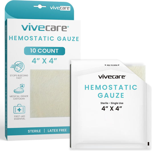ViveCare Hemostatic Gauze (4"x4") - Quick Clot Dressing to Stop Bleeding - Wound Clotting Bandage Pads for First Aid Kit - Healing for Cuts, Abrasions, Lacerations - Product Made with Chitosan