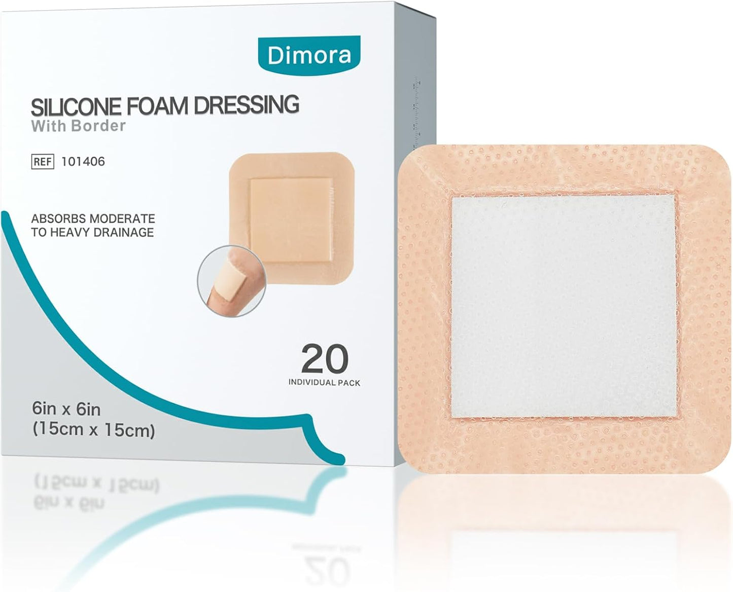 Dimora Silicone Foam Dressing with Border Adhesive 6"x6" Waterproof Wound Dressing Bandage for Wound Care 20 Pack