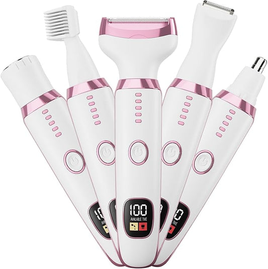 Bikini Trimmer for Women, 5 in 1 Electric Razors for Shaving, Waterproof Rechargeable Pubic Hair Trimmer with LED Display, Pink