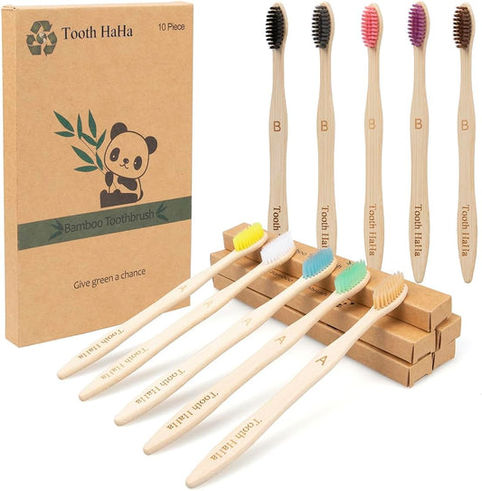 Bamboo Toothbrushes, 10 Pack BPA-Free Soft Tapered Bristles, Eco-Friendly, Natural Wooden, Green Toothbrush, Organic Toothbrushes Travel Set