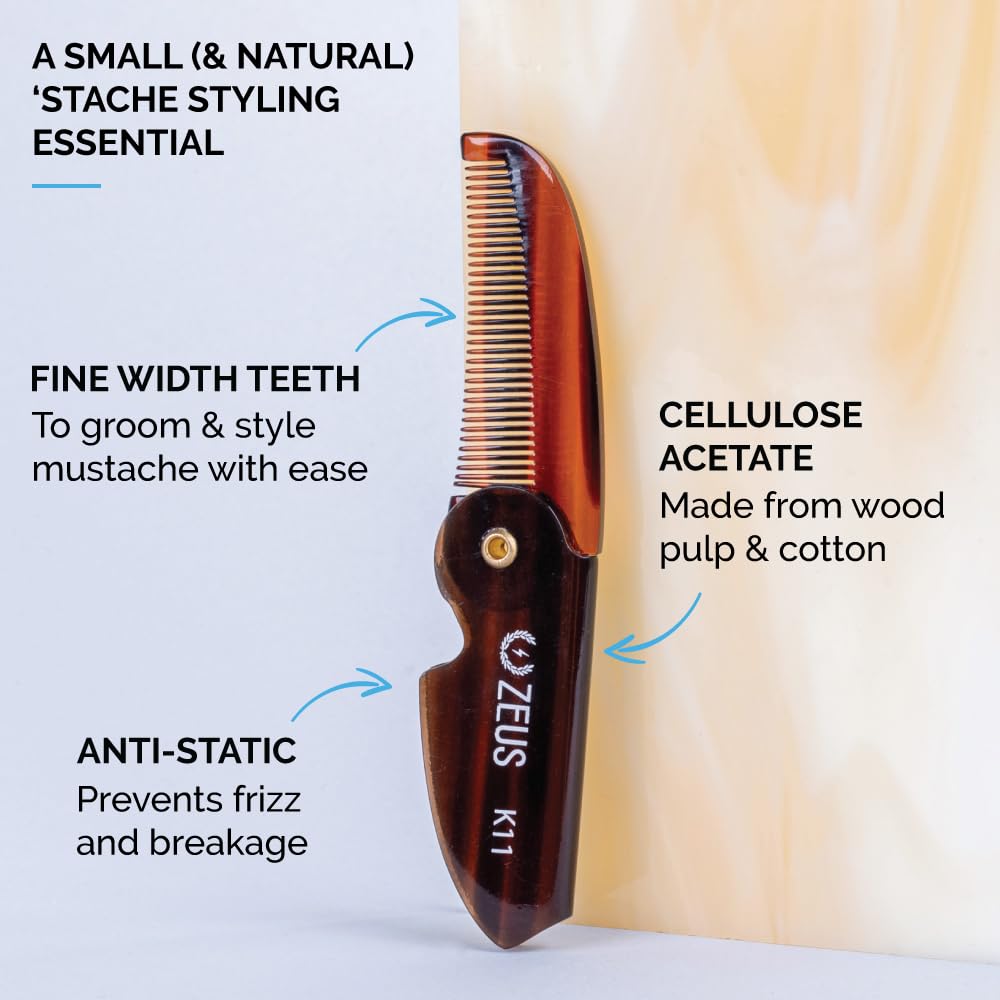 ZEUS Folding Mustache Comb for Men, Handmade Saw-Cut Pocket Comb for Men’s Beard & Moustache Grooming, Compact & Travel Friendly (Tortoiseshell) K12