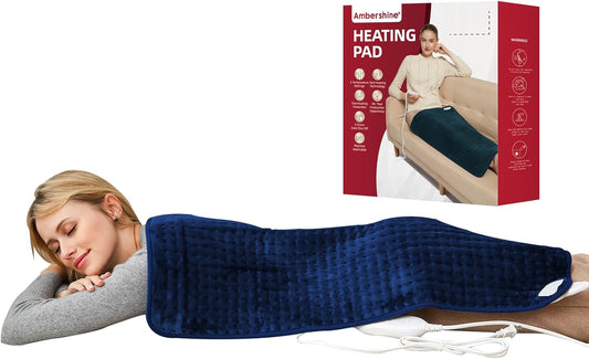 Ambershine 17''x33'' XXXL King Size Heating Pad with Fast-Heating Technology&6 Temperature Settings, Flannel Electric Heating Pad/Pain Relief for Back/Neck/Shoulders/Abdomen/Leg(Dark Blue)