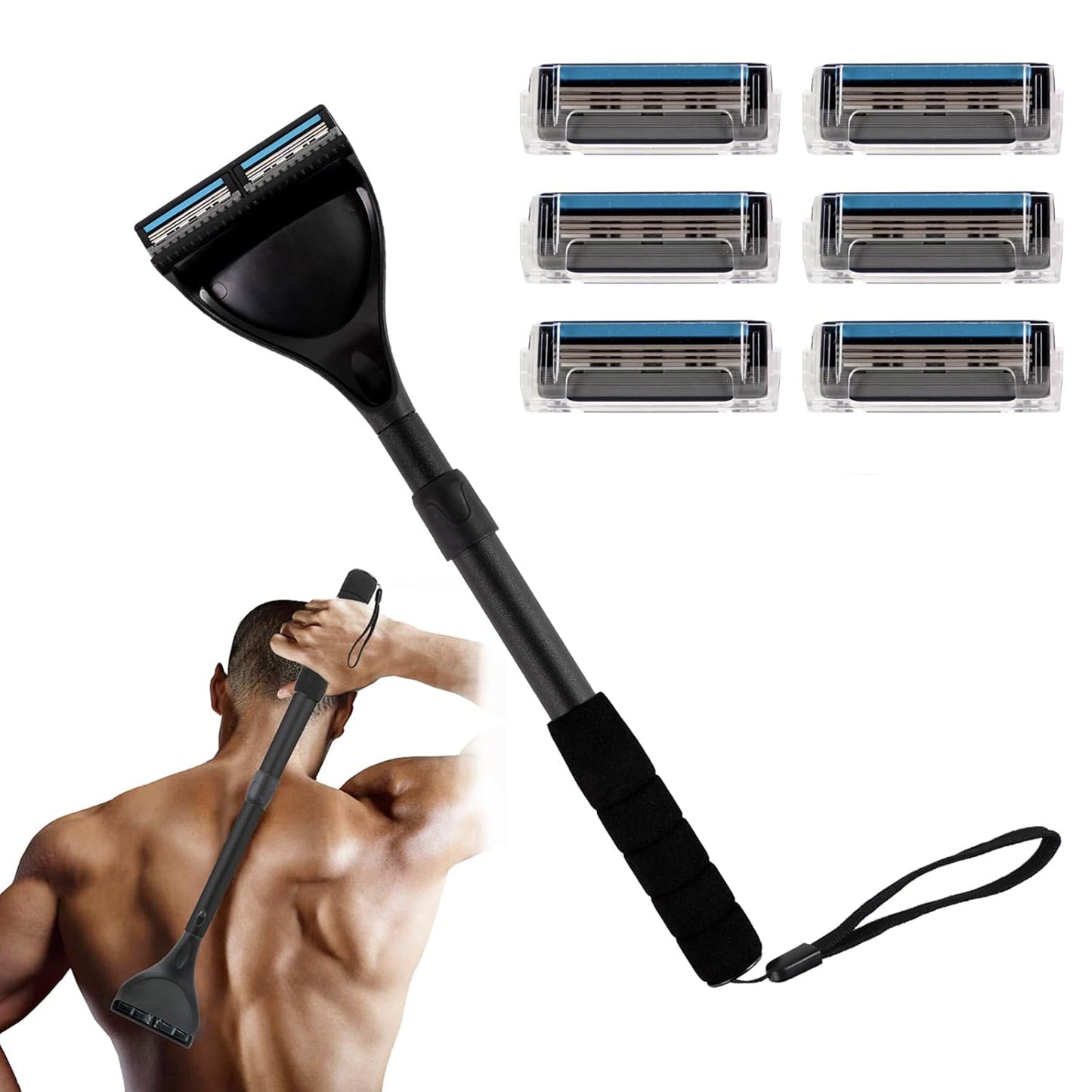 EASACE Back Shavers for Men,Back Hair Shaver for Men with 8pcs Safety Blade,Back & Body Hair Trimmer,Long Handle 21 Inch Adjustable, Curved DIY Shaver