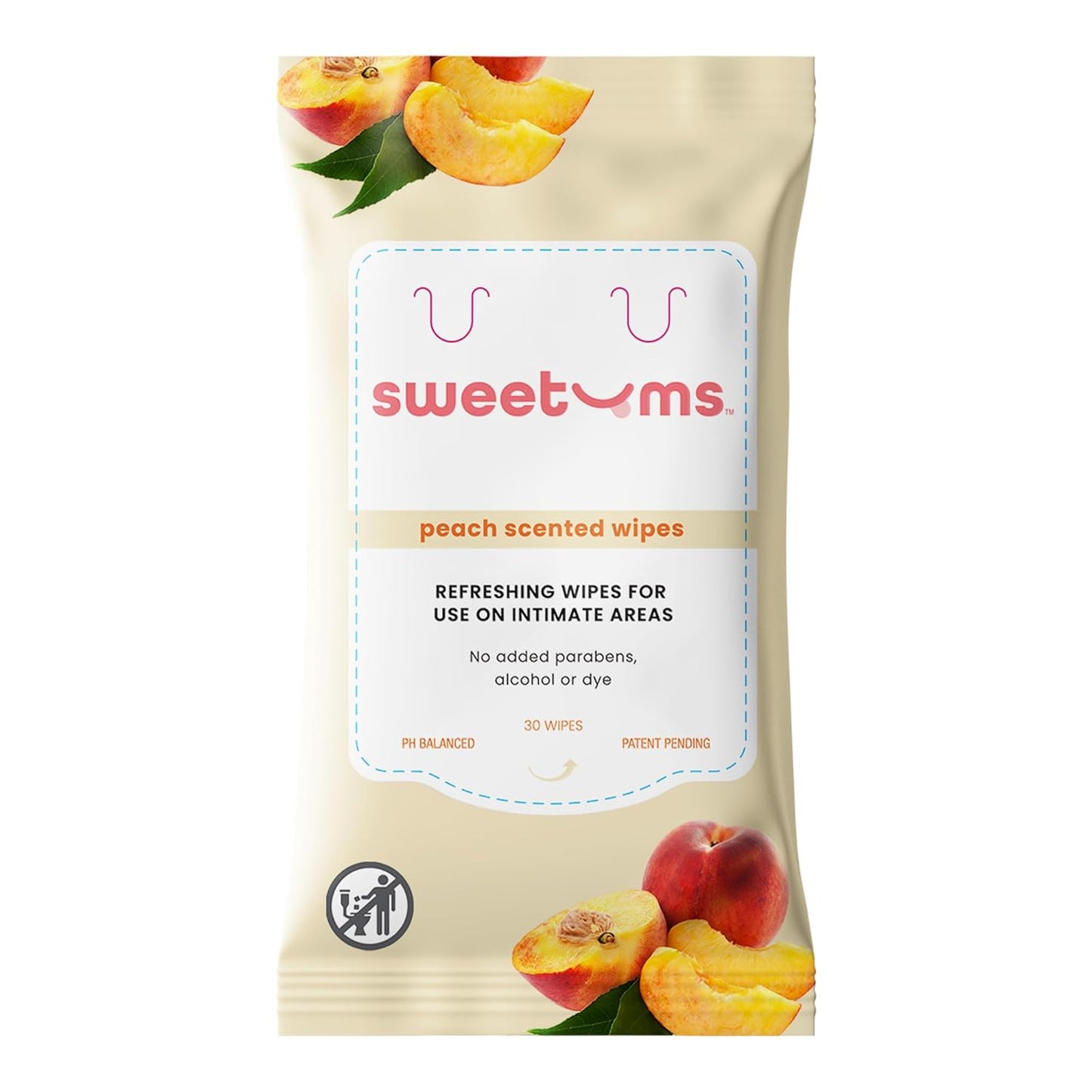 Sweetums Peach Scented Daily Feminine Wipes for Women – pH Balanced Unflavored Intimate Wipes – Water-Based, Aloe-Infused, Gentle on Sensitive Skin – Vegan, No Alcohol or Dyes, Travel-Friendly - 30ct