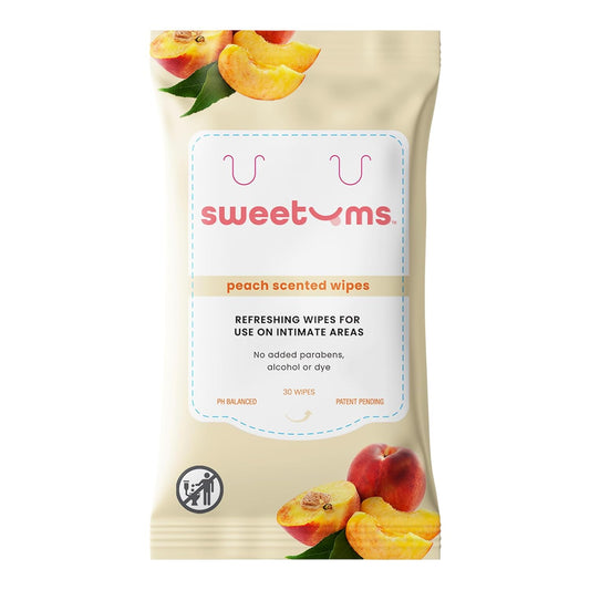 Sweetums Peach Scented Daily Feminine Wipes for Women – pH Balanced Unflavored Intimate Wipes – Water-Based, Aloe-Infused, Gentle on Sensitive Skin – Vegan, No Alcohol or Dyes, Travel-Friendly - 30ct