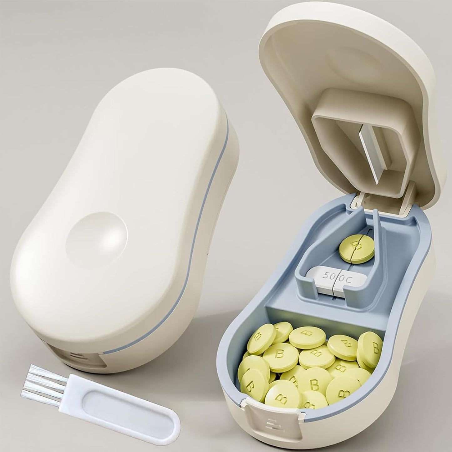 Pill Cutter Splitter for Small and Tiny Pills - Tablet Cutter with Centering Device, V-Slot, Storage and Cleaning Brush - Medicine Slicer for Accurate Cuts (White)